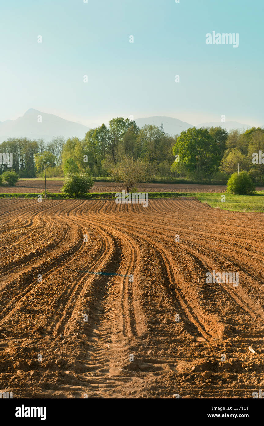 at work on a plowed field at sunset Stock Photo