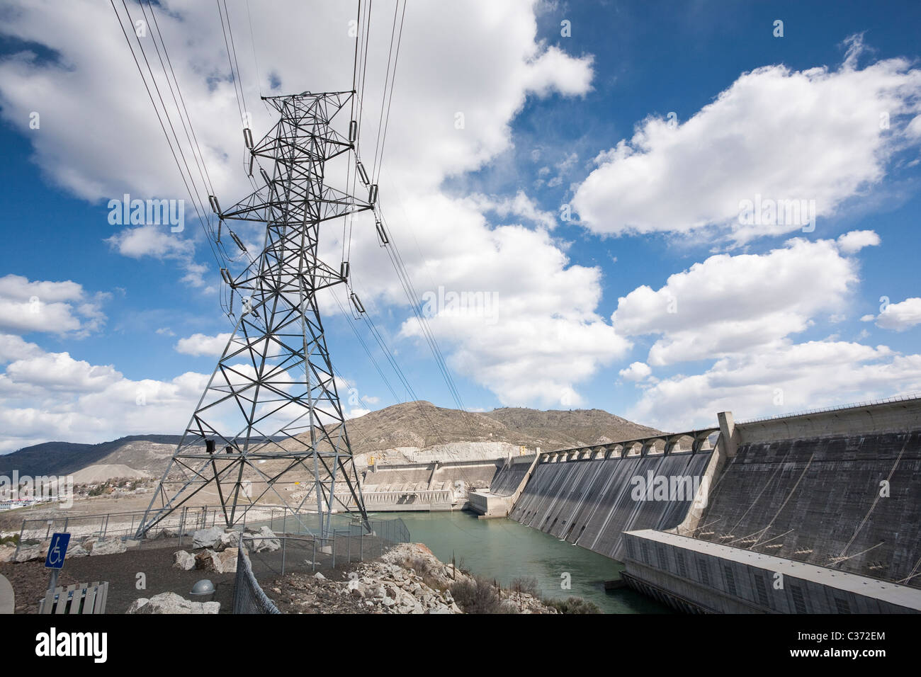 Power Lines at the Grand Coulee Dam, Grant County, Washington Stock