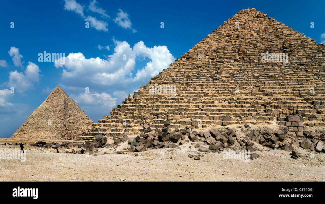 GIZA PYRAMIDS. TWO OF THE PYRAMIDS OF GIZA, Chephren, Khafra , BEHIND the pyramid of Mycerinus (Menkaure) Stock Photo