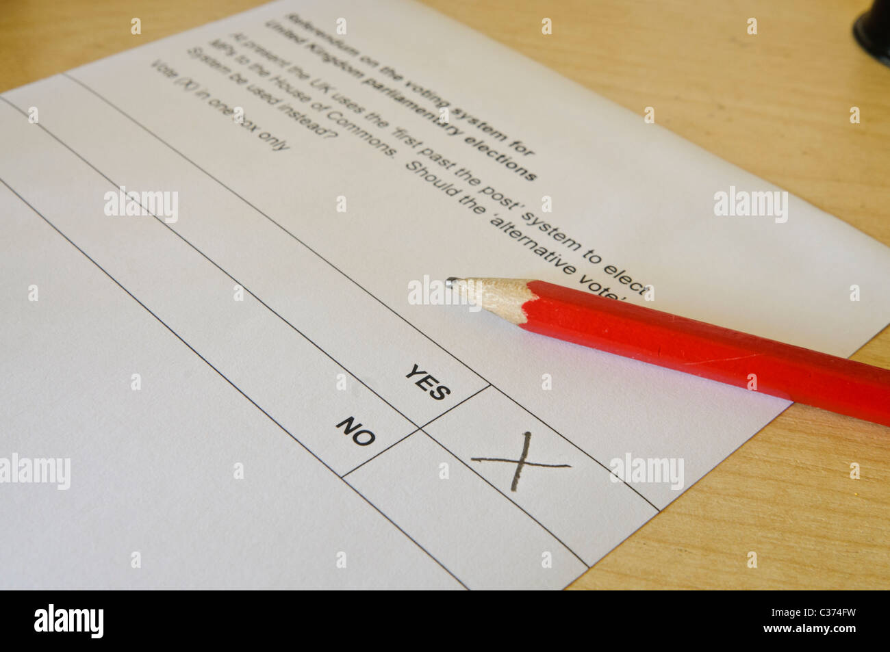 Ballot paper for the Alternative Vote, marked 'Yes' Stock Photo