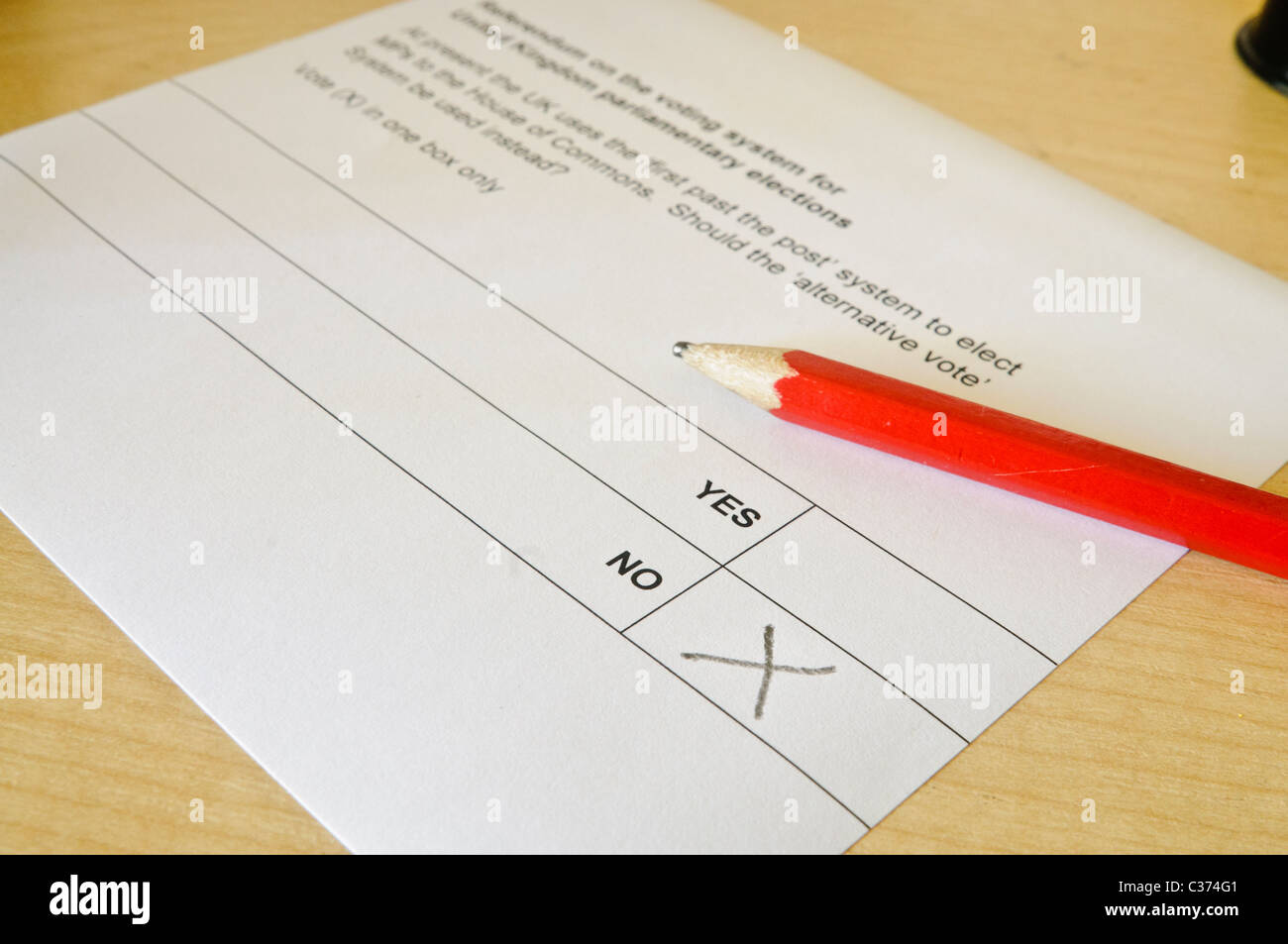 Ballot paper for the Alternative Vote, marked 'No' Stock Photo