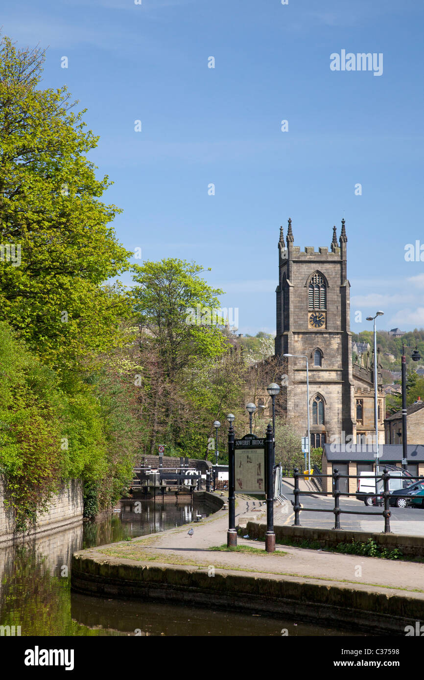 Tuel Lane Lock on the Rochdale Canal, with Christ Church in the