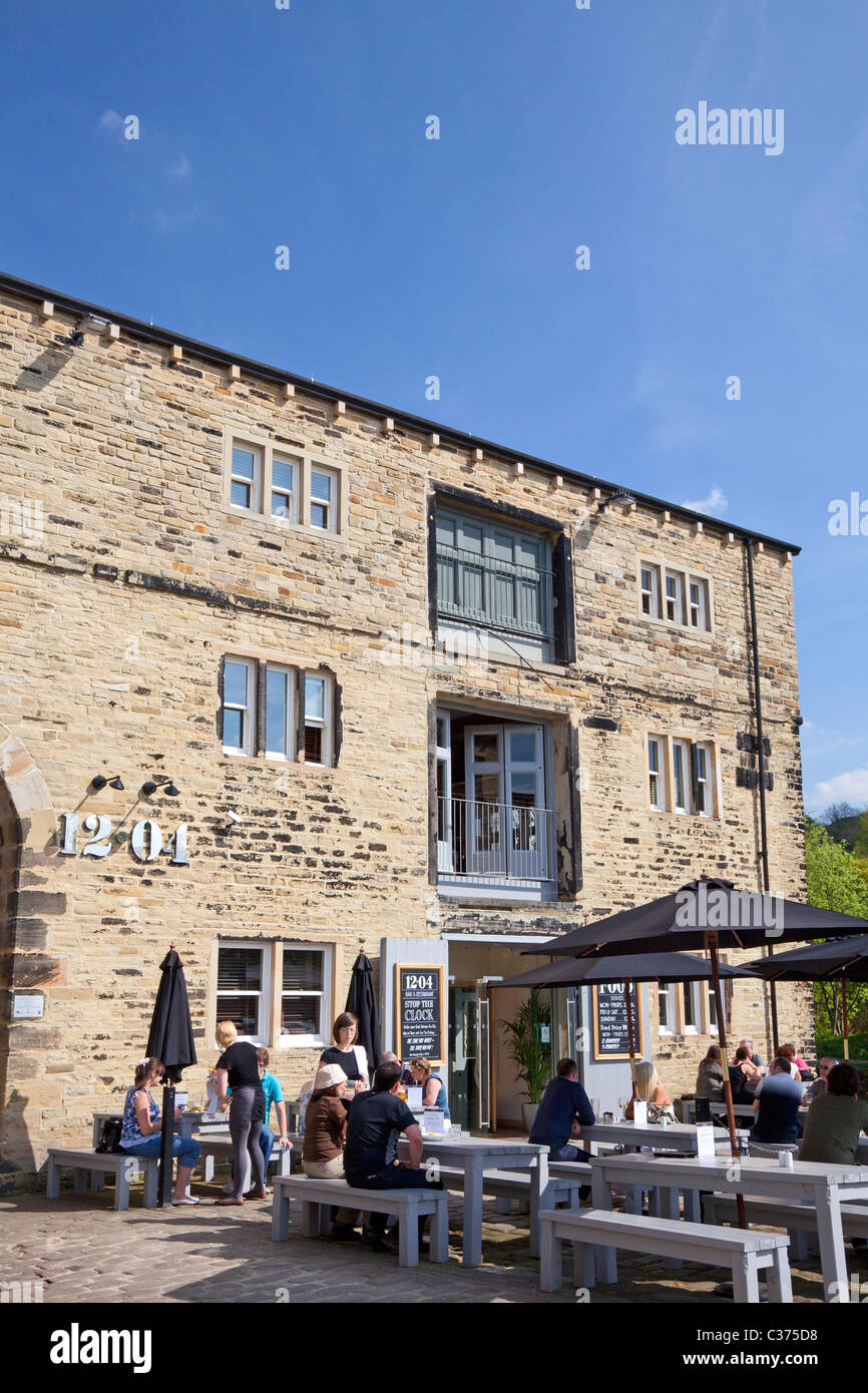 Café in a former warehouse at the wharf, Sowerby Bridge, West Yorkshire Stock Photo