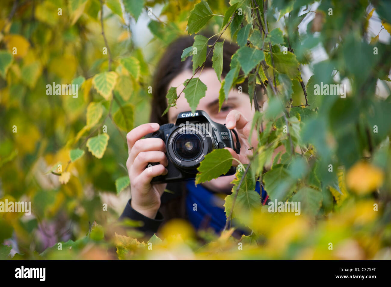 Young woman with Canon digital SLR camera taking photographs from cover of bushes Stock Photo