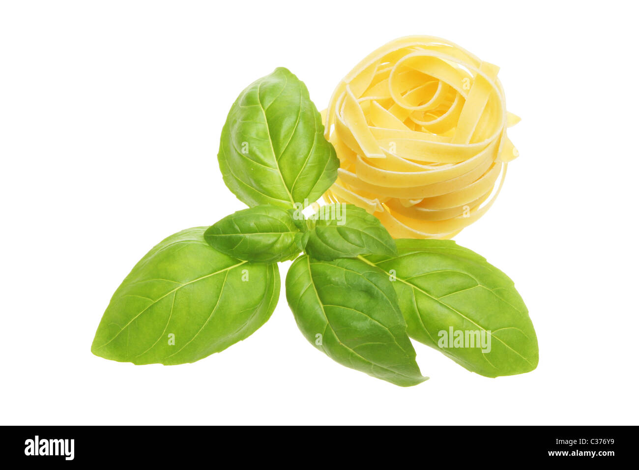 Fresh basil herb leaves and a nest of dried tagliatelli pasta isolated against white Stock Photo