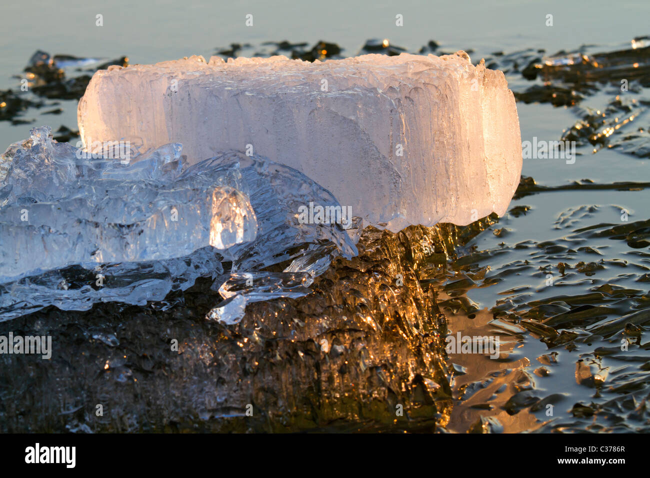 Ice drift on Siberian river Irtysh under sunset Stock Photo