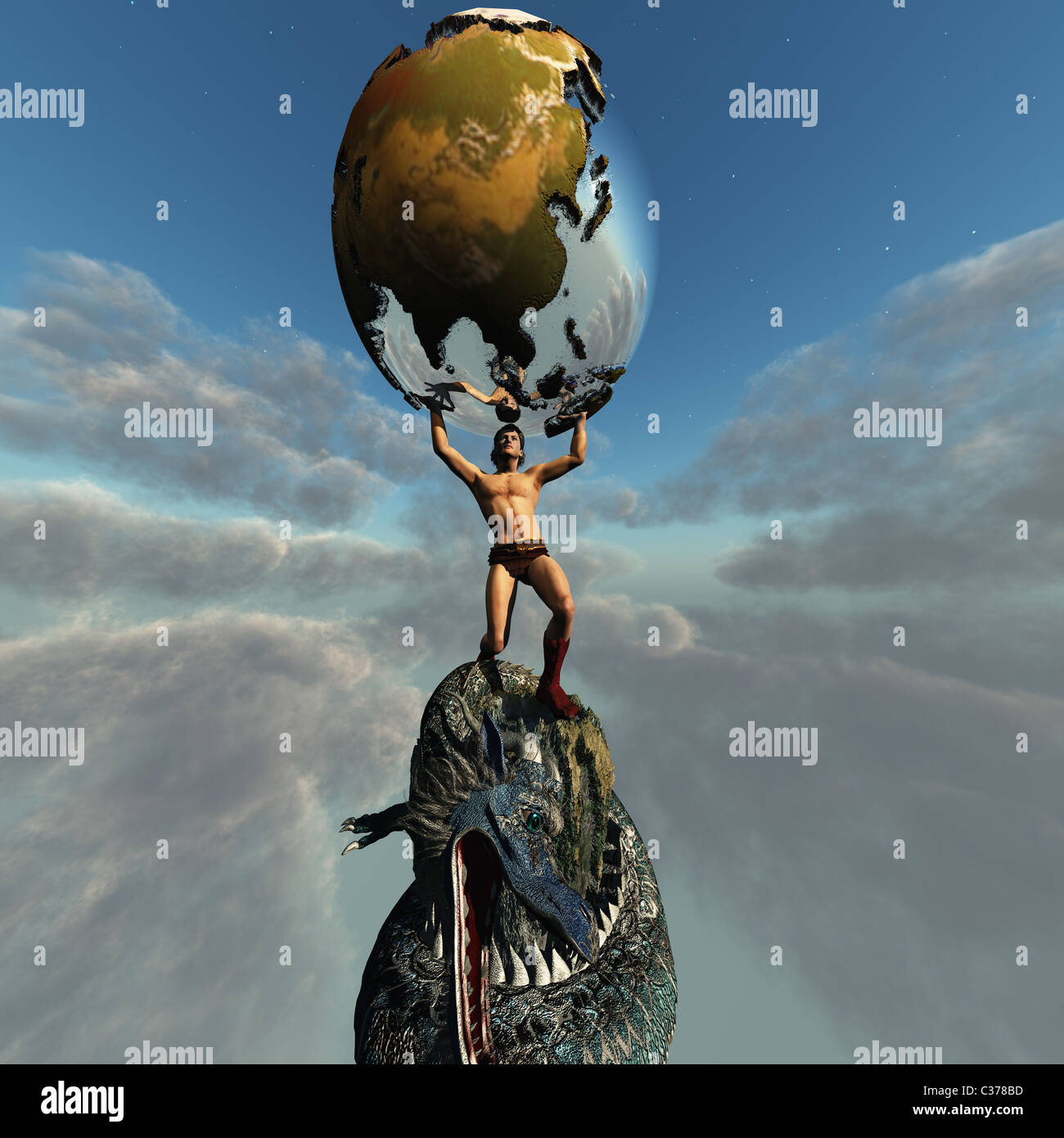 Atlas holds the Earth after he slays the dragon representing the peace and unity in this part of the world. Stock Photo