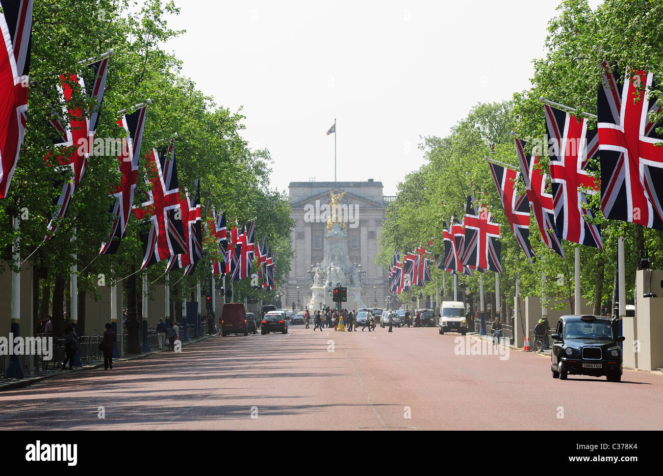 View along The Mall London decorated with lines of Union Jack flags Stock Photo