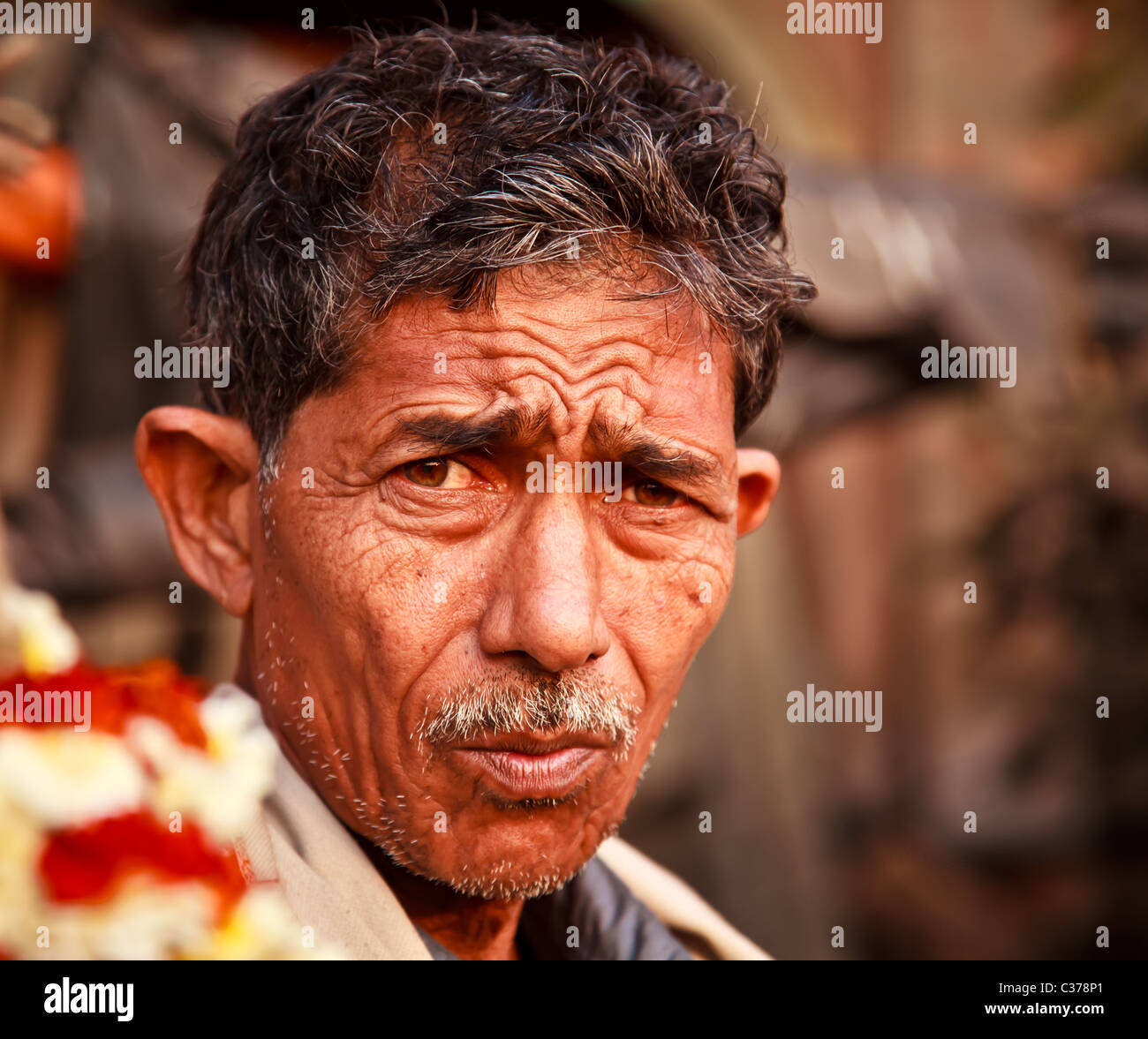Portrait of a male flower seller from the Flower Market in Kolkata, West Bengal, India Stock Photo