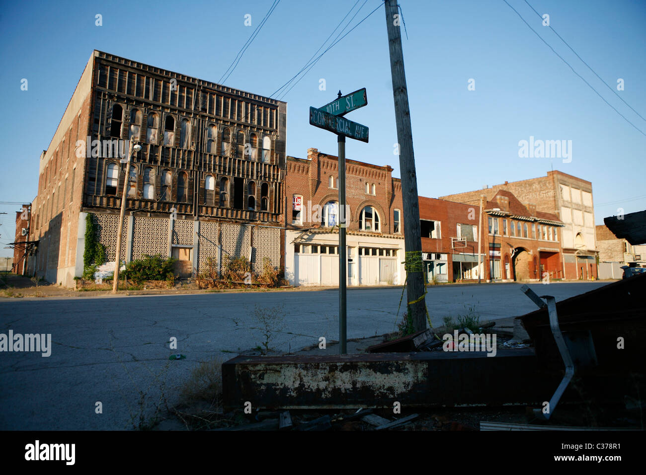 Collapsing buildings line Commercial avenue in downtown Cairo, Illinois