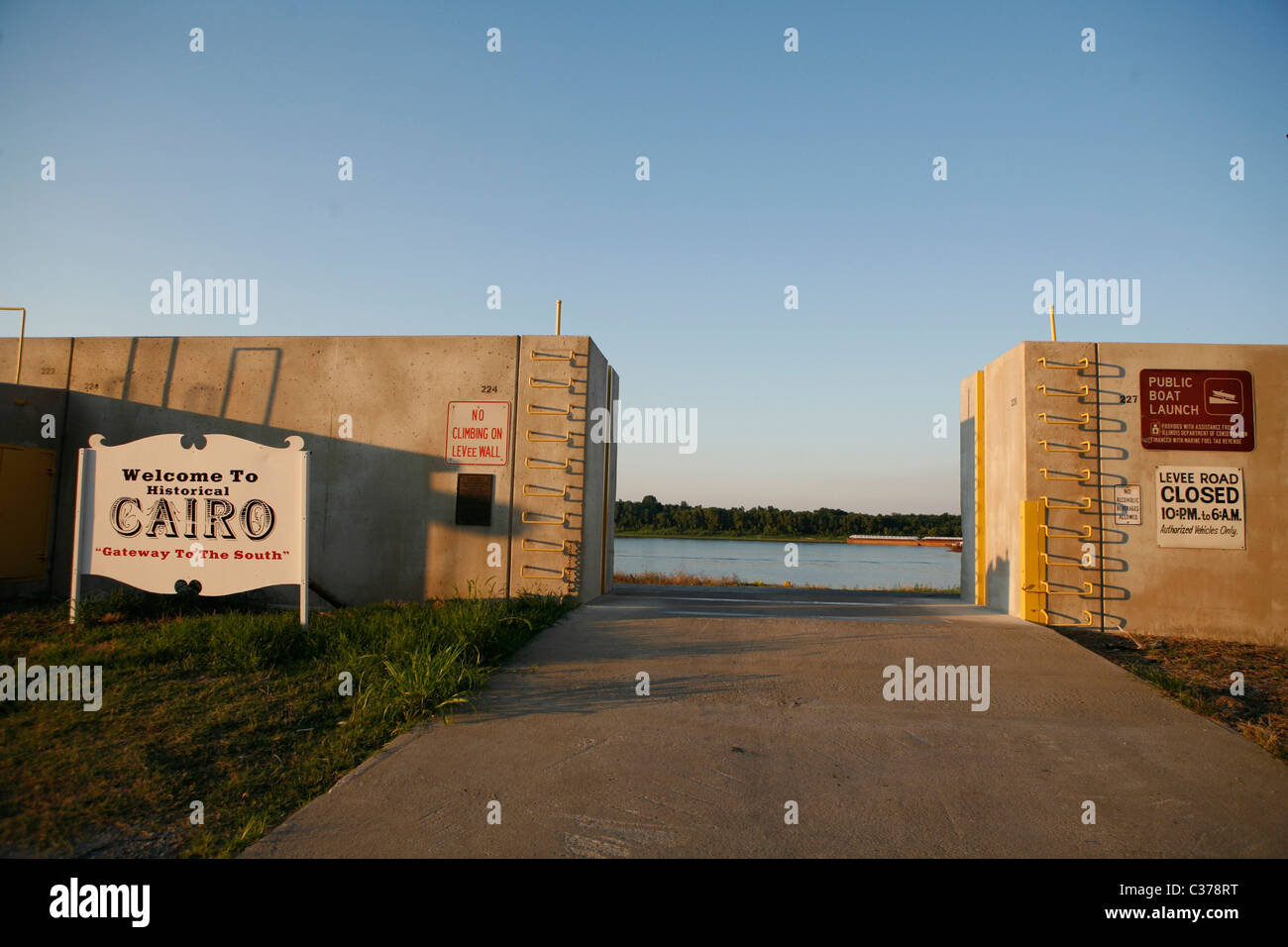 The flood wall separating Cairo, Illinois from the Ohio River is seen in the background at the