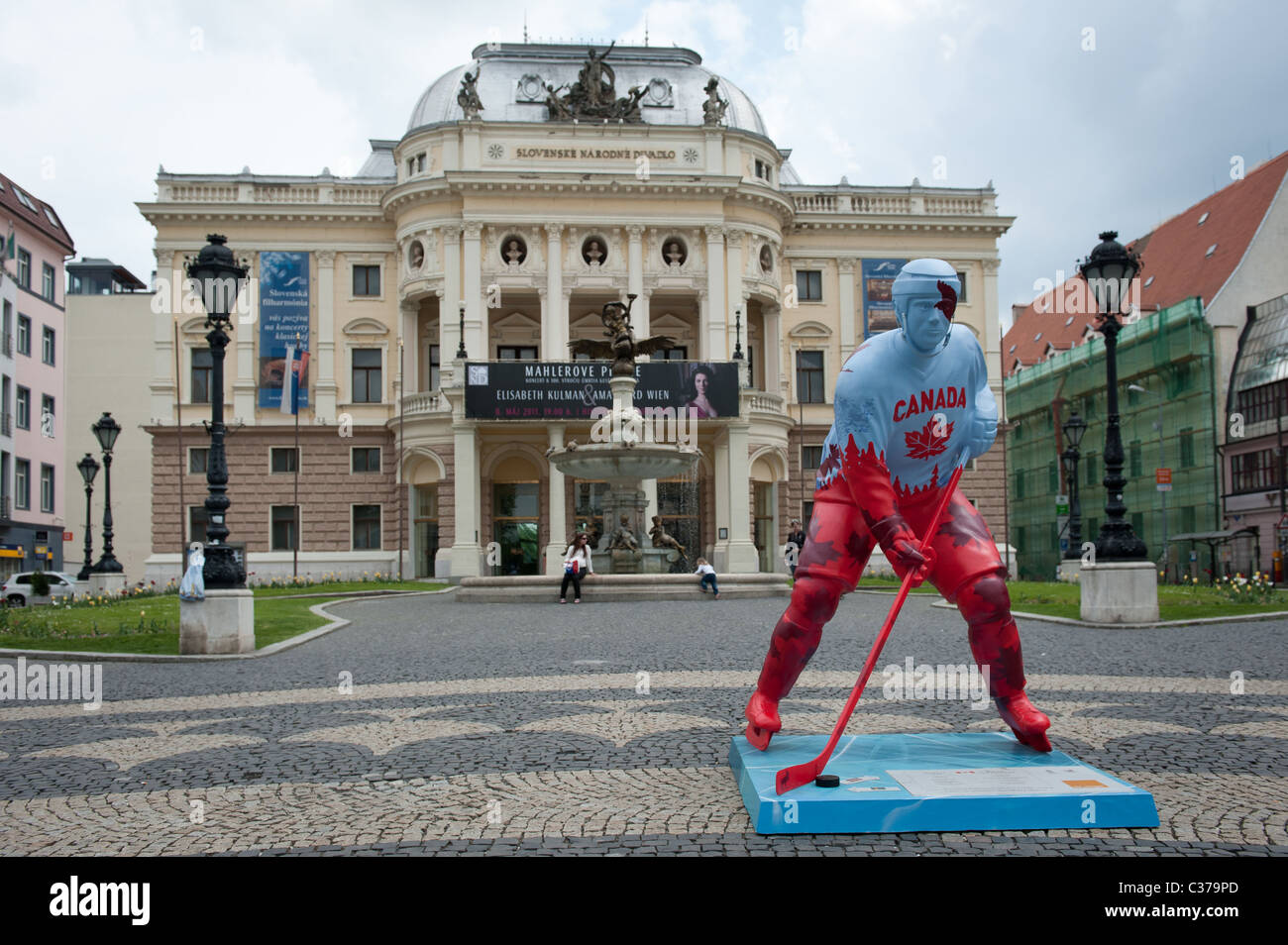 Statue of Canadian hockey player placed in front of Slovak National Theater during hockey championships 2011 in Slovakia Stock Photo