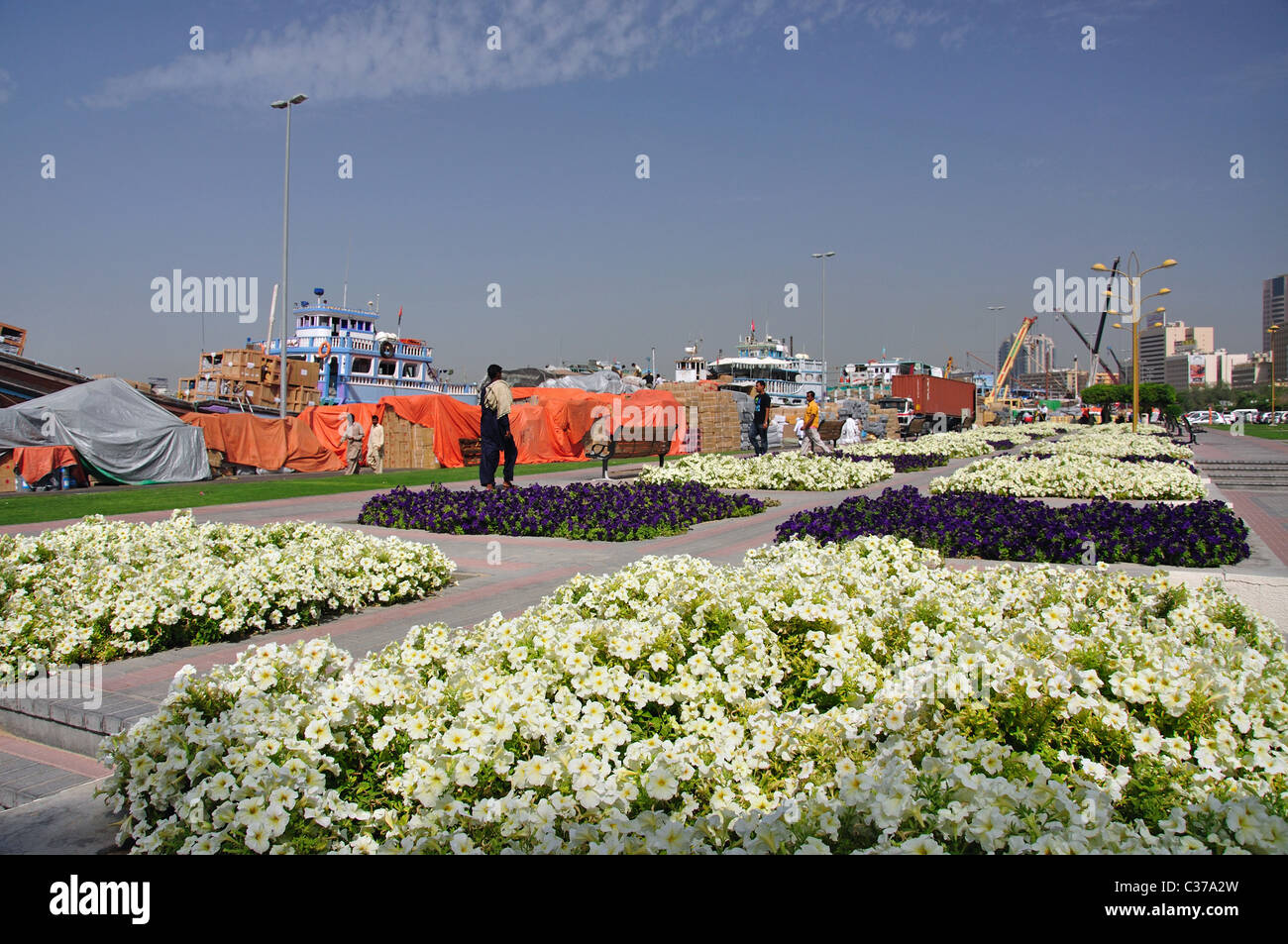Floral promenade by Dubai Creek, Deira, Dubai, United Arab Emirates Stock Photo