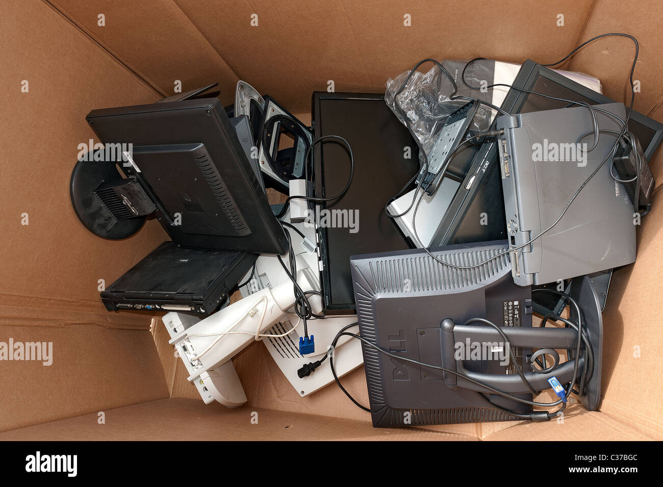 Electronic goods collected for recycling in Santa Barbara at earth day. Stock Photo