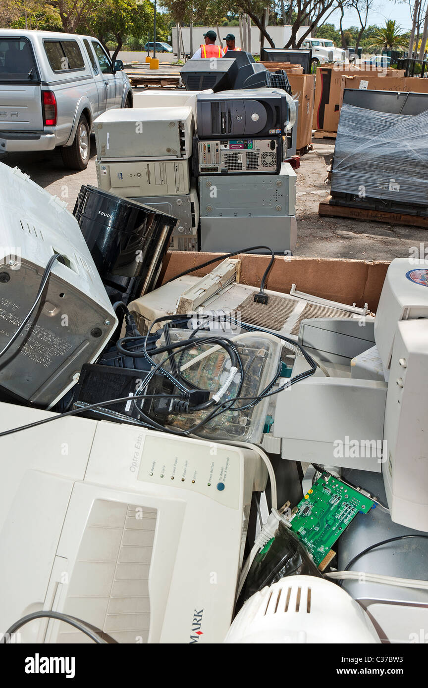 Electronic goods collected for recycling in Santa Barbara at earth day. Stock Photo