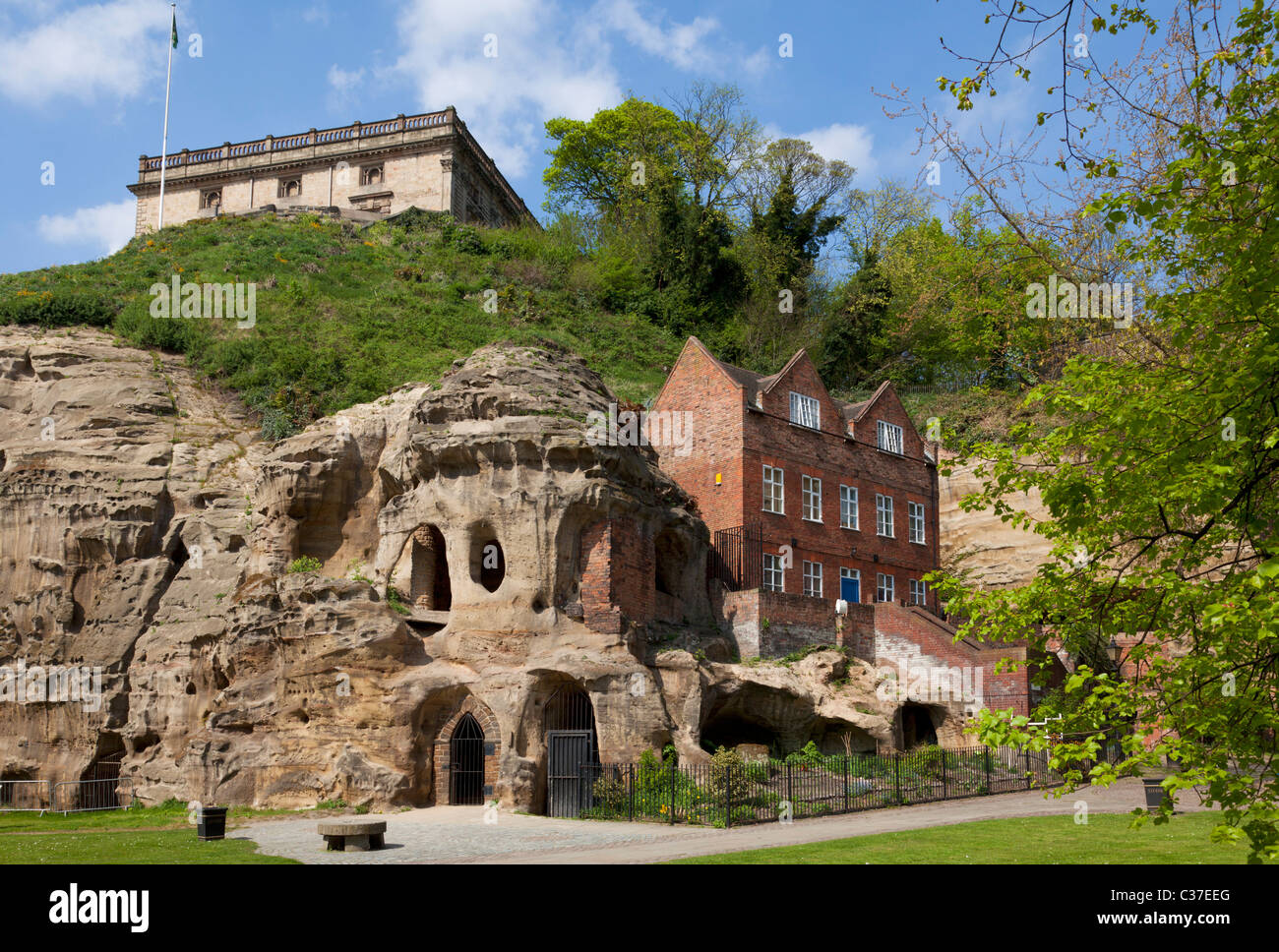 Castle Rock dominates Nottingham and the castle sits on top of caves in the rock Nottingham city centre England UK GB EU Europe Stock Photo