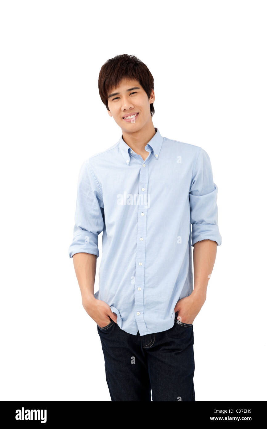 Portrait of smiling happy young man isolated on white Stock Photo - Alamy