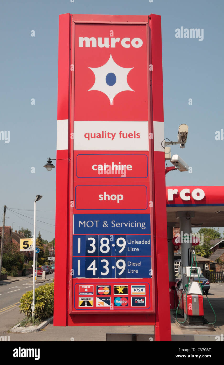 Sign advertising petrol prices (May 2011) at the Murco petrol station in Wendover, Aylesbury