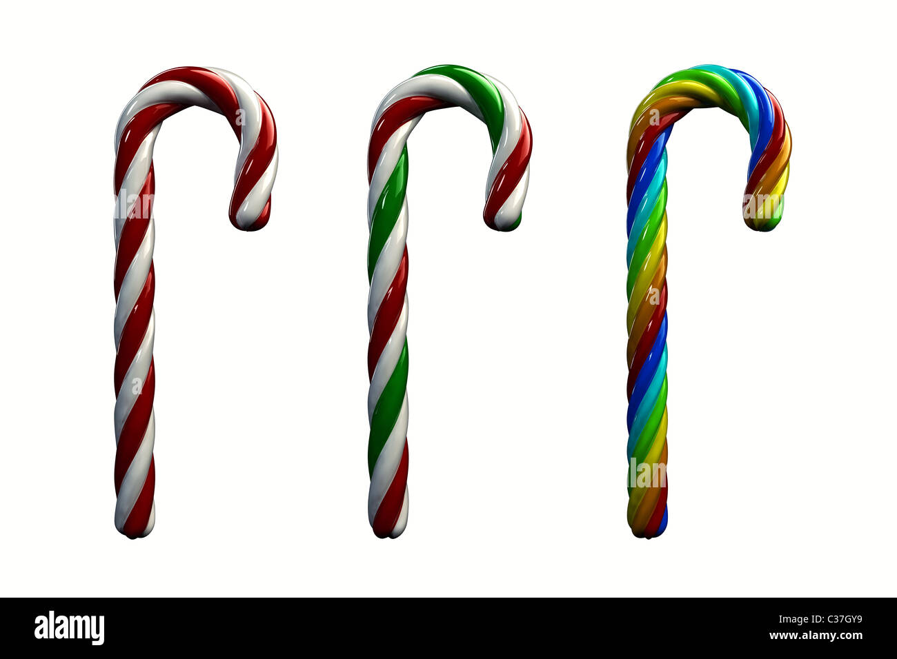 Multicolored candy canes ,3d illustration , isolated on white Stock Photo
