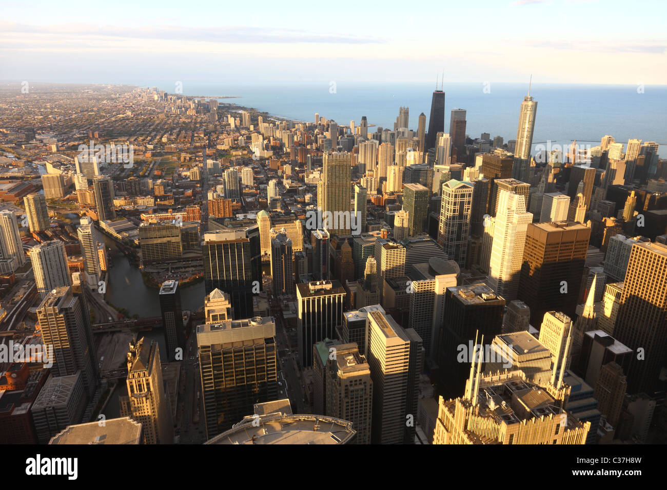 View to Downtown Chicago / USA from high above at sunset Stock Photo ...