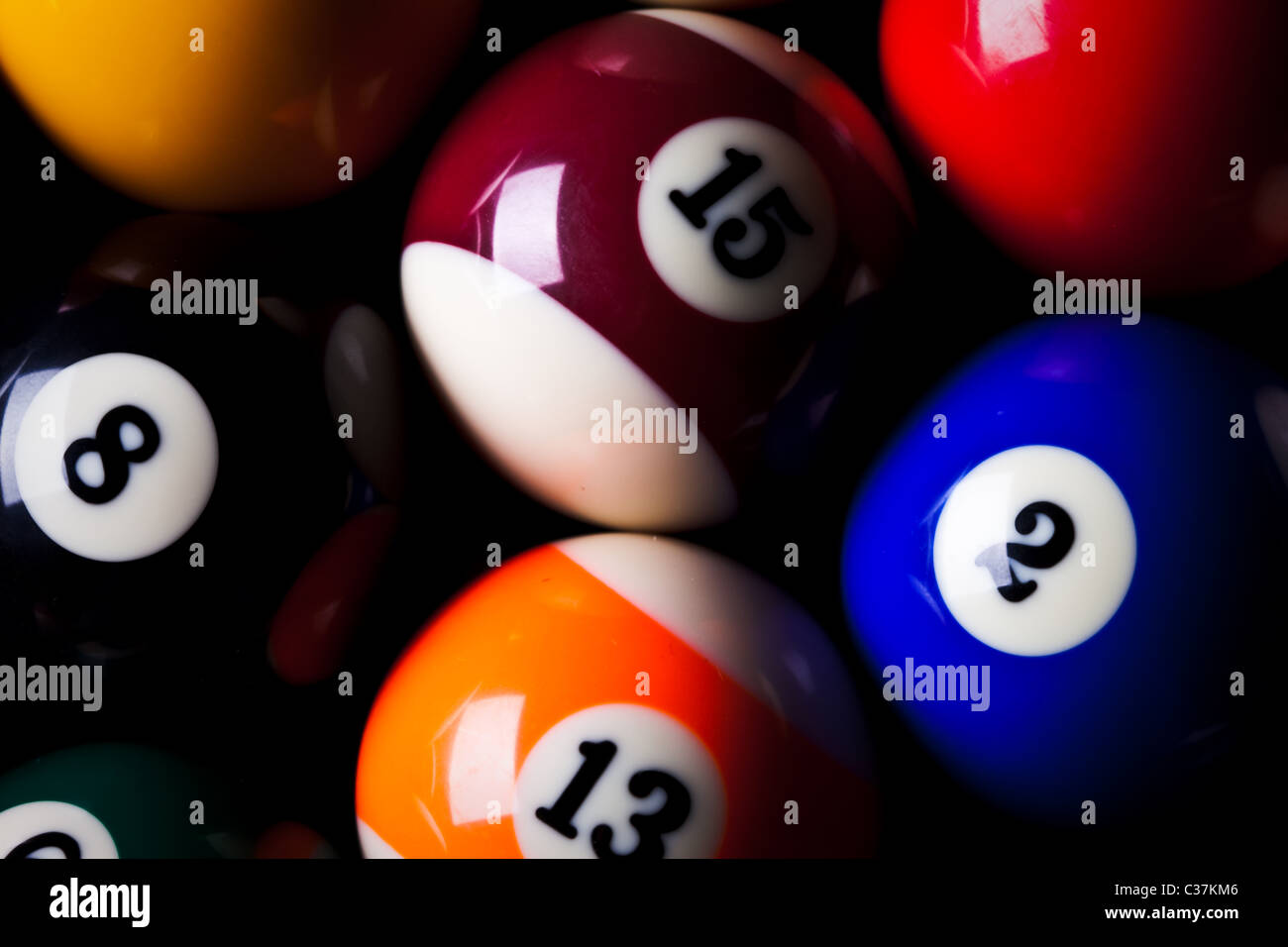 Billiard balls over green table Stock Photo