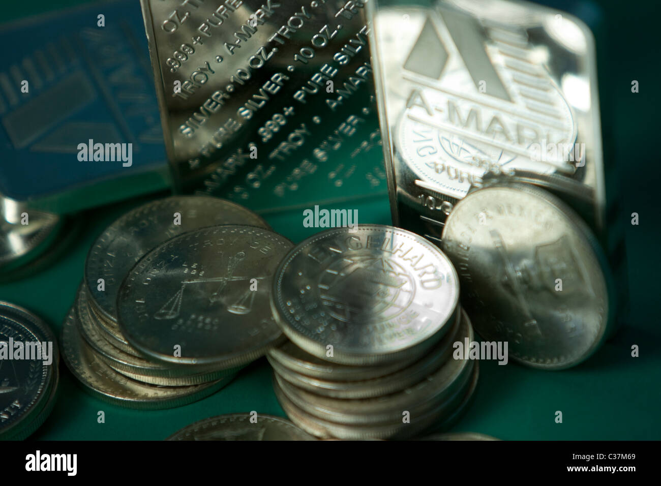 Pure Silver Bars and rounds Stock Photo