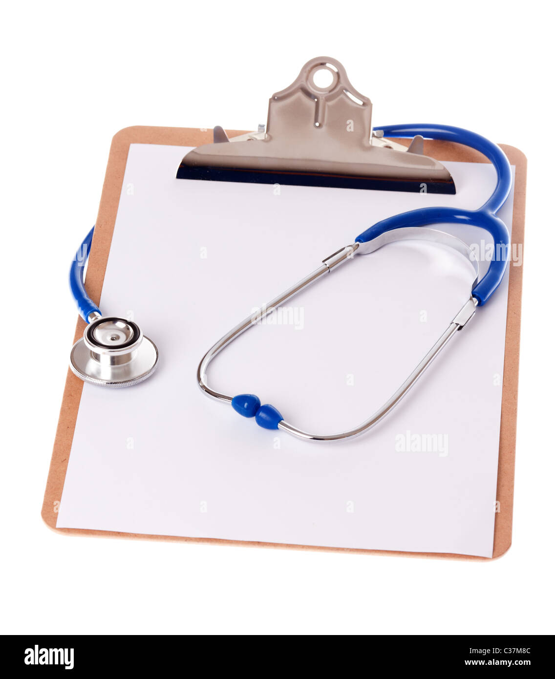 a clipboard with a blue stethoscope on isolated white background Stock ...