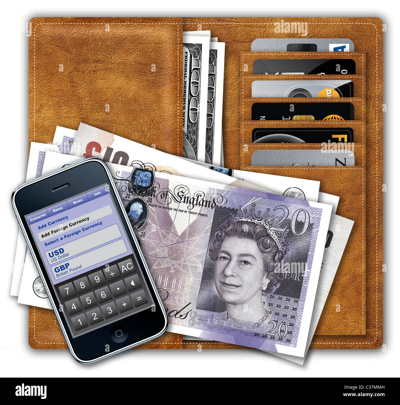 Wallet containing American Dollars and credit cards, with UK Sterling and iPhone showing currency conversion application on top. Stock Photo