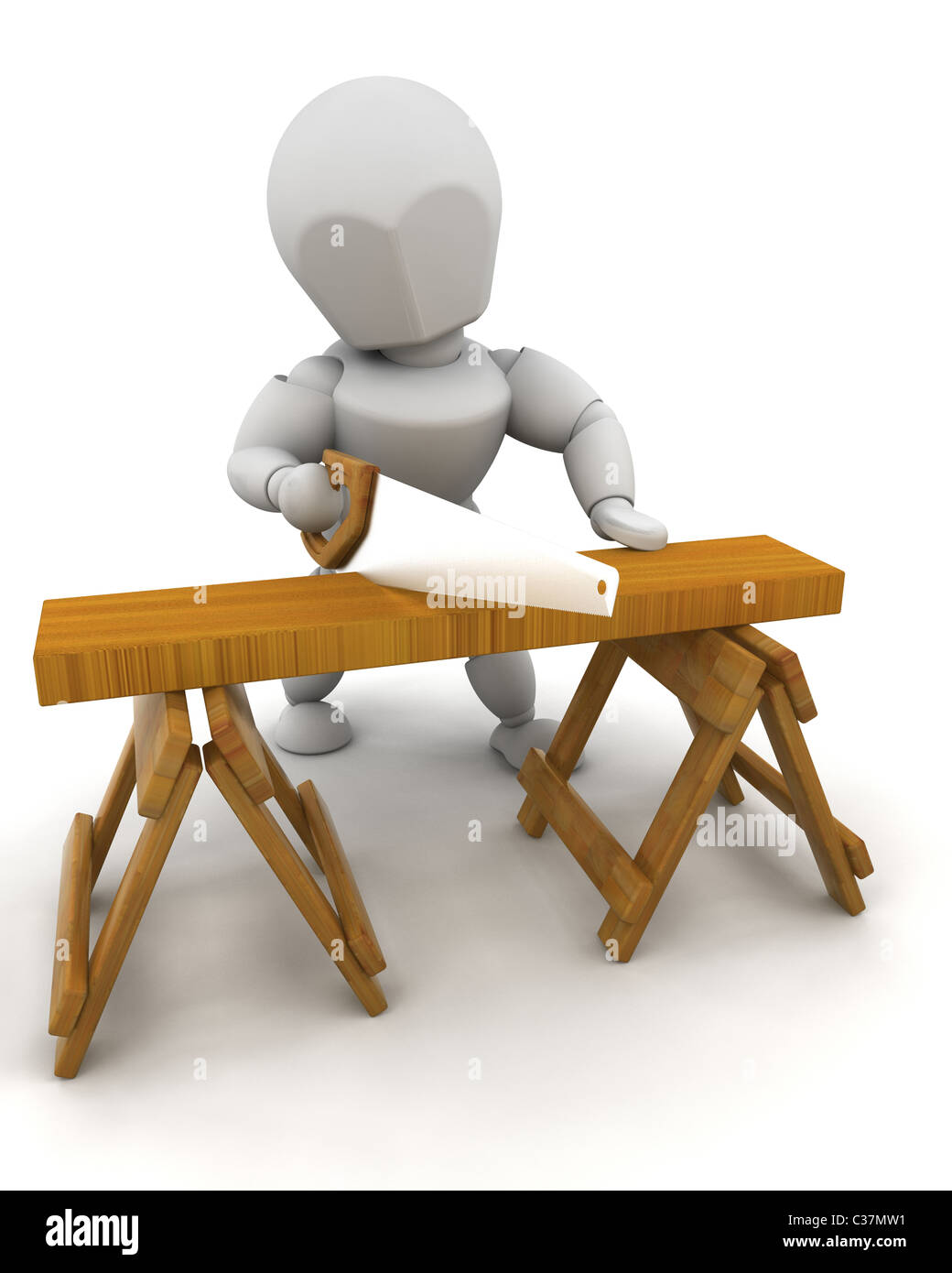 3D Render of a man sawing wood Stock Photo