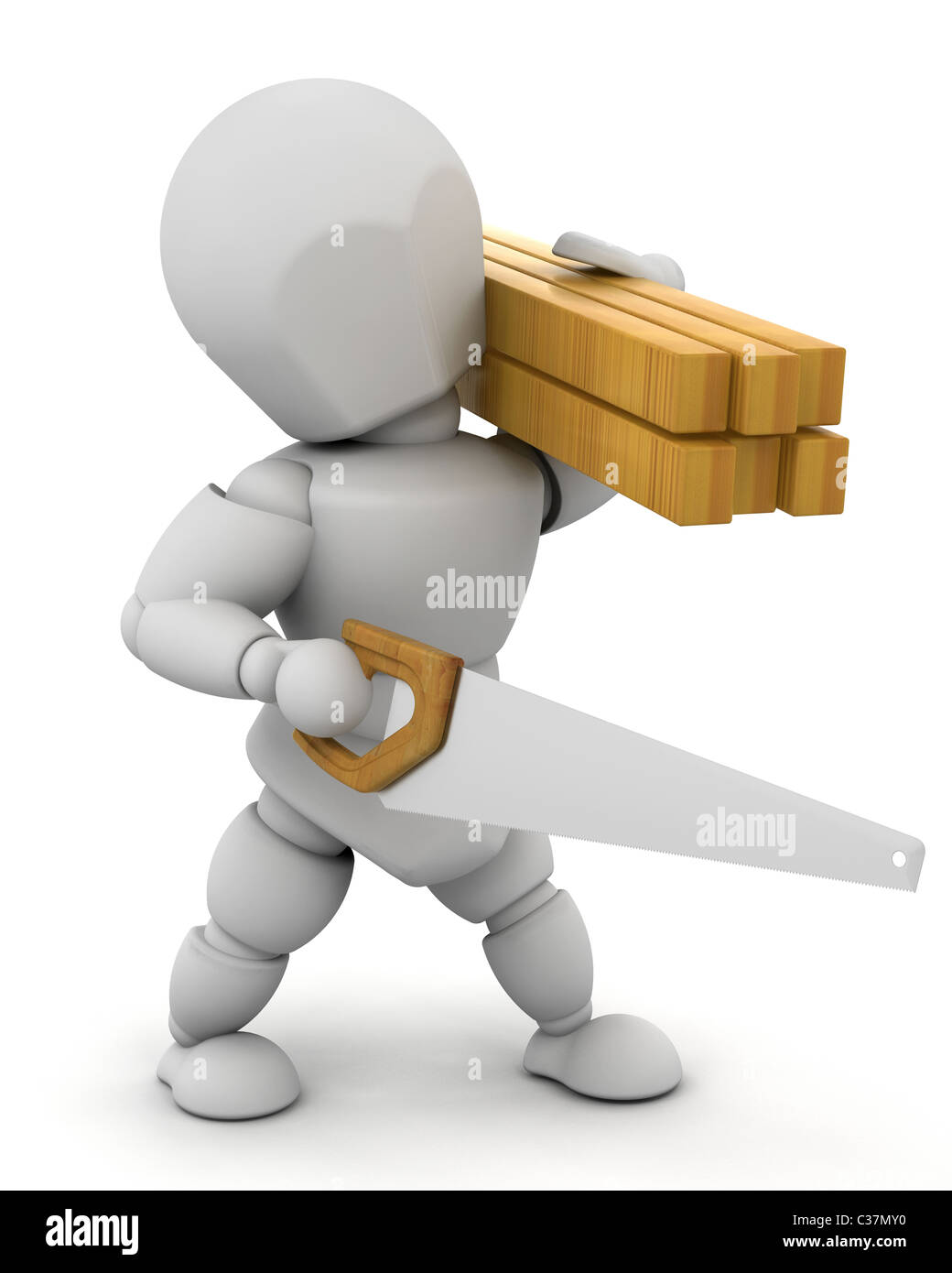 3D Render of a man sawing wood Stock Photo