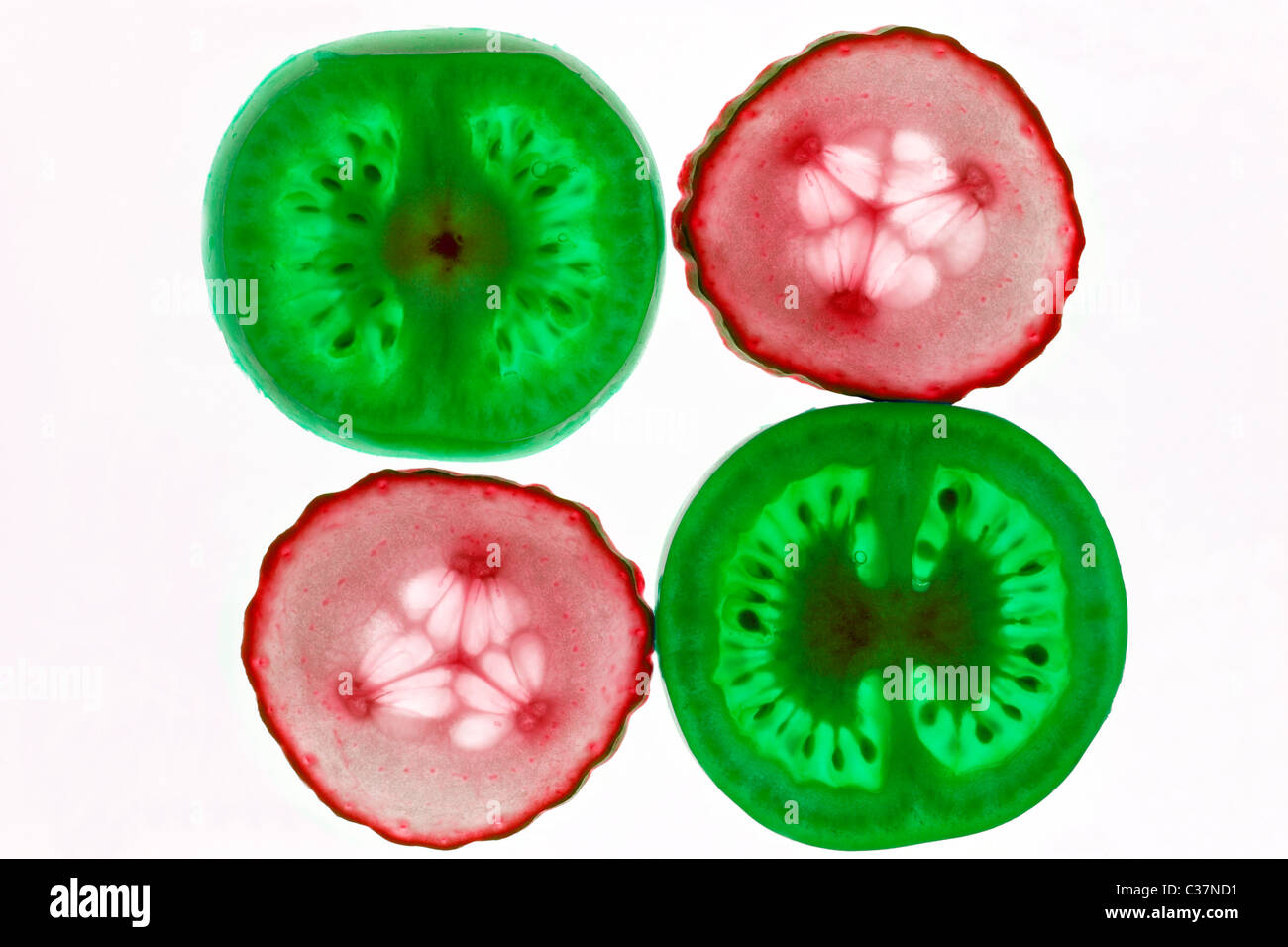 Cucumber and Tomato slices close up Stock Photo