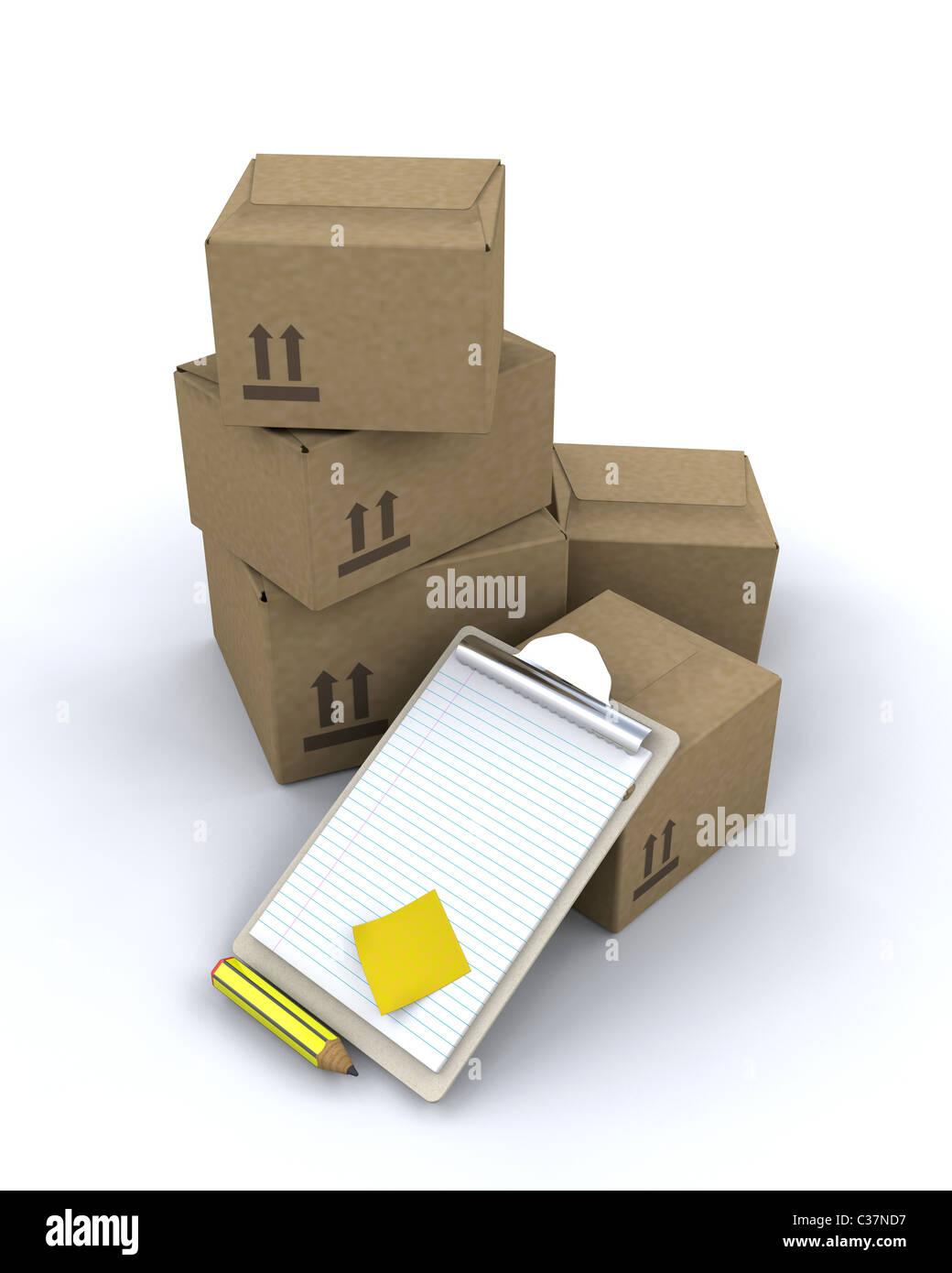 3D render of delivery boxes and clipboard Stock Photo