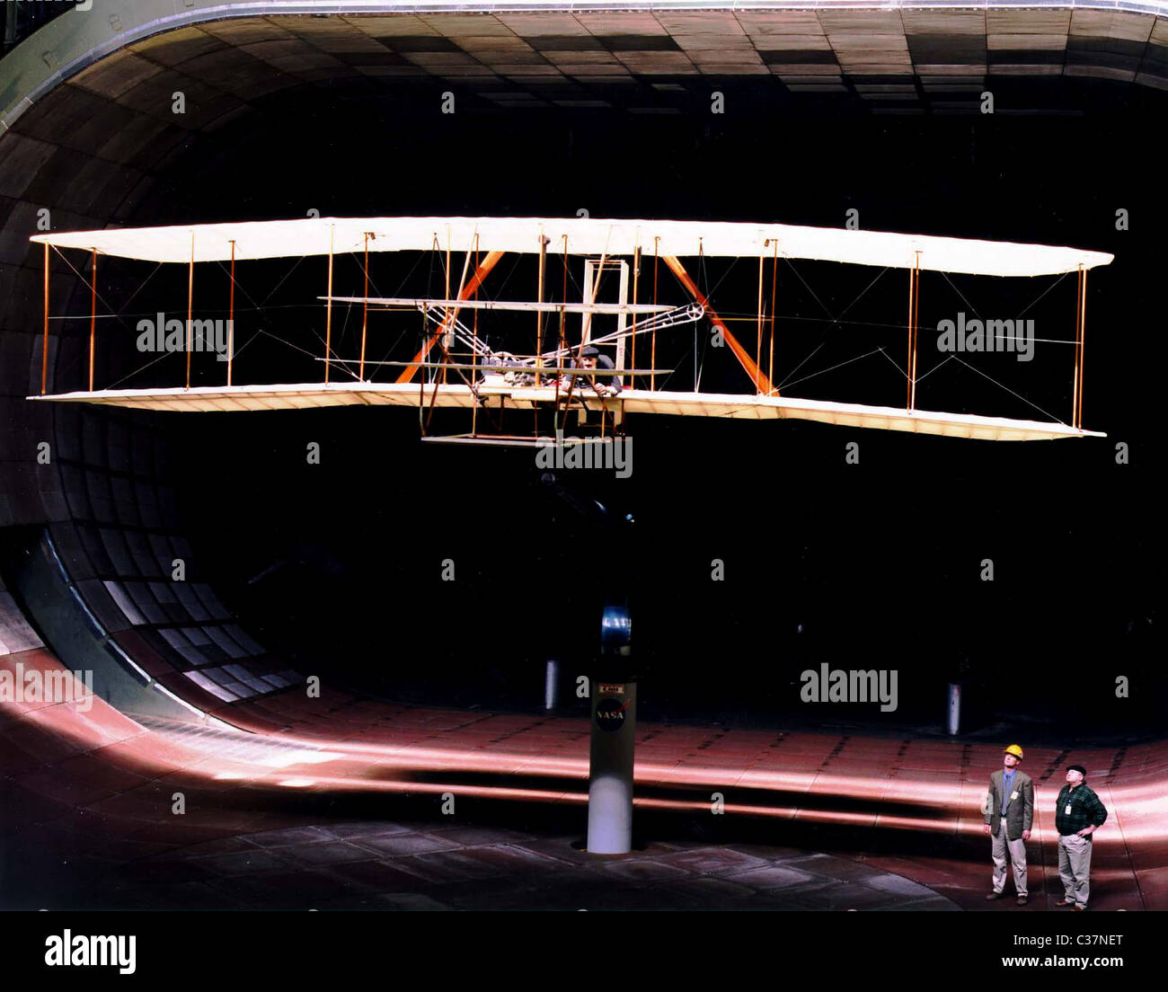 Full-scale replica of the 1903 Wright Flyer mounted in NASA Ames Research Center's 40-foot by 80-foot wind tunnel. Stock Photo