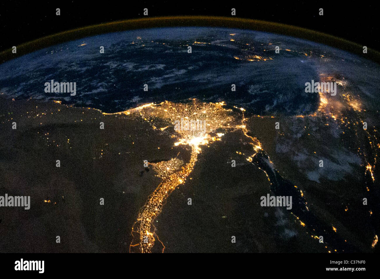 Egypt viewed from space showing the Nile Valley, Nile River and Cairo at night Stock Photo