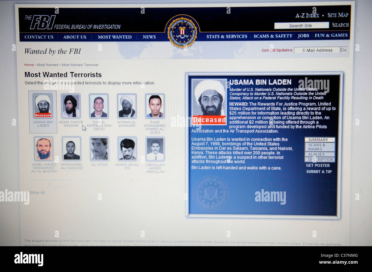 Screengrab from the FBI website. The bureau's ten most wanted men. Showing Osama Bin Laden as deceased Stock Photo