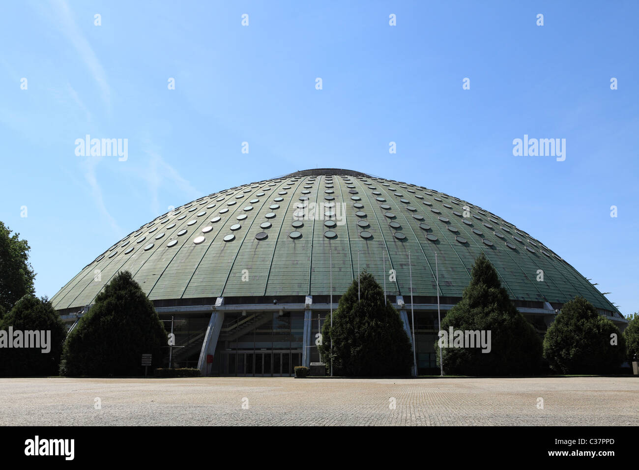 The dome of the Rosa Mota Pavilion (Pavilhao Rosa Mota) within the Crystal Palace Gardens in Porto, Portugal. Stock Photo
