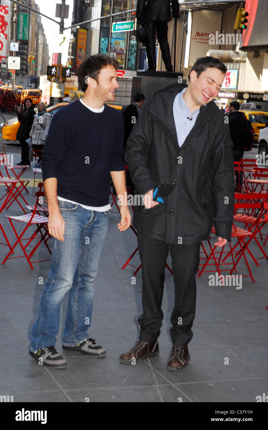 Jimmy Fallon interviews Will Forte while filming a segment for NBC's 'Late  Night with Jimmy Fallon' in Times Square New York Stock Photo - Alamy