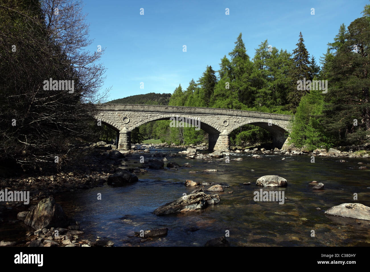 The new Invercauld Bridge commissioned by Prince Albert over the River Dee near Braemar in Aberdeenshire, Scotland, UK Stock Photo