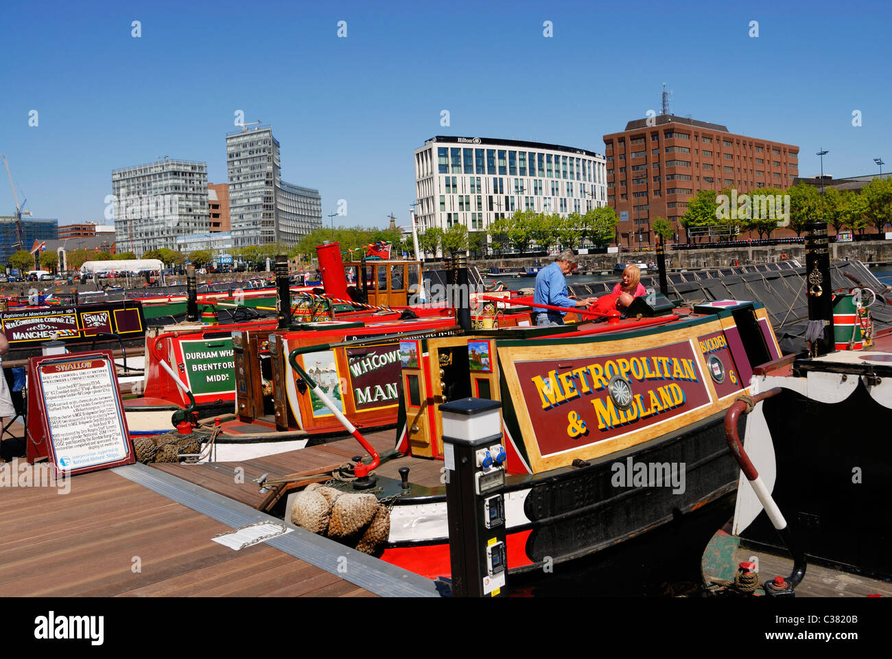 Narrowboats moored in Salthouse Dock ( Albert Dock tourist area ) in Liverpool Docks for the Spring on the Waterfront festival. Stock Photo