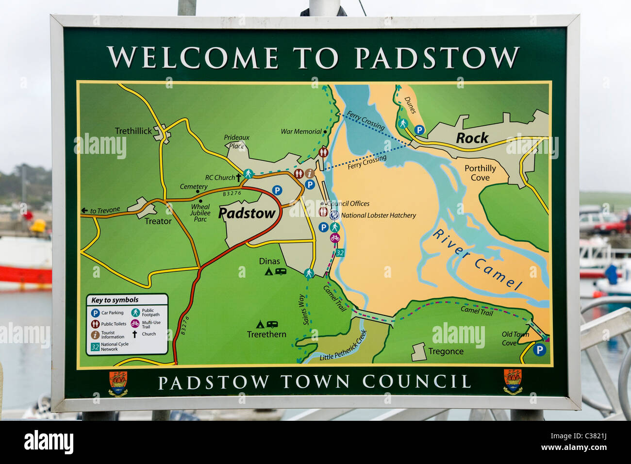 Tourist information street & road map / plan / maps / plans / sign / signs / by the harbour at Padstow in Cornwall. UK Stock Photo