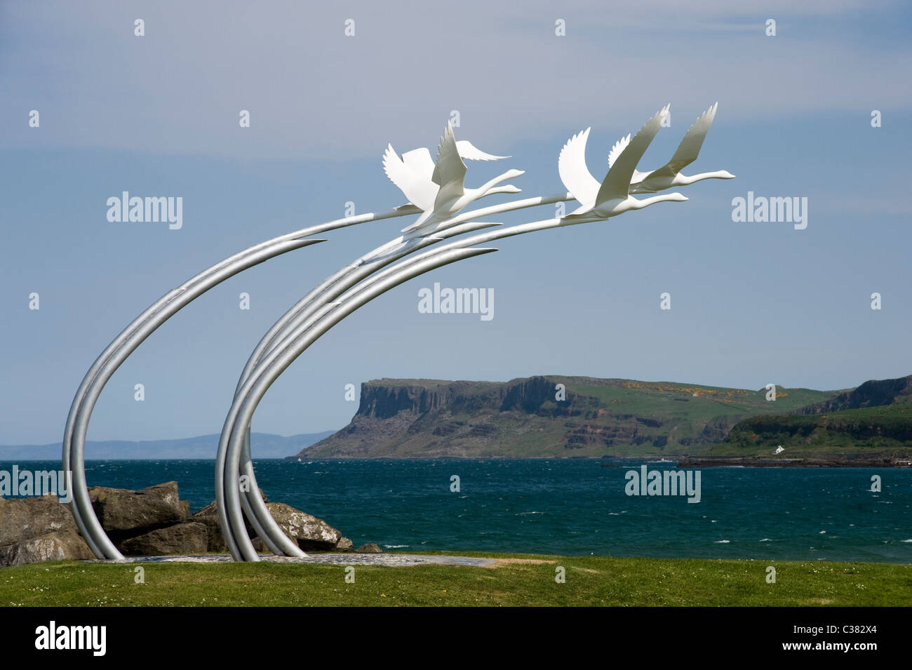 Sculpture, "Children of Lir", Ballycastle, County Antrim, Northern Ireland. Stock Photo