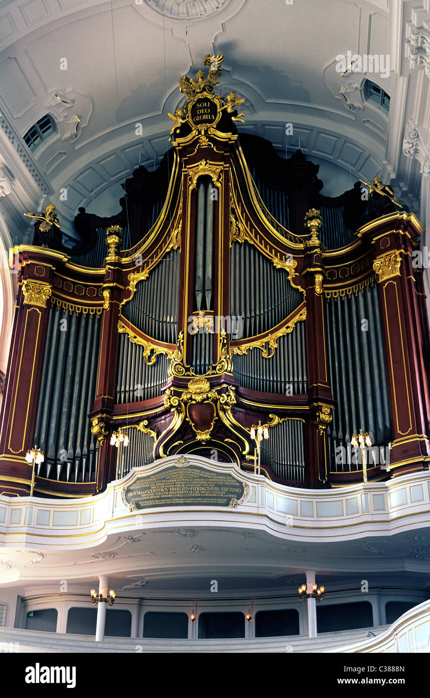 Steinmeyer pipe organ inside Michaelis church (Michealiskirche) in Hamburg. Stock Photo