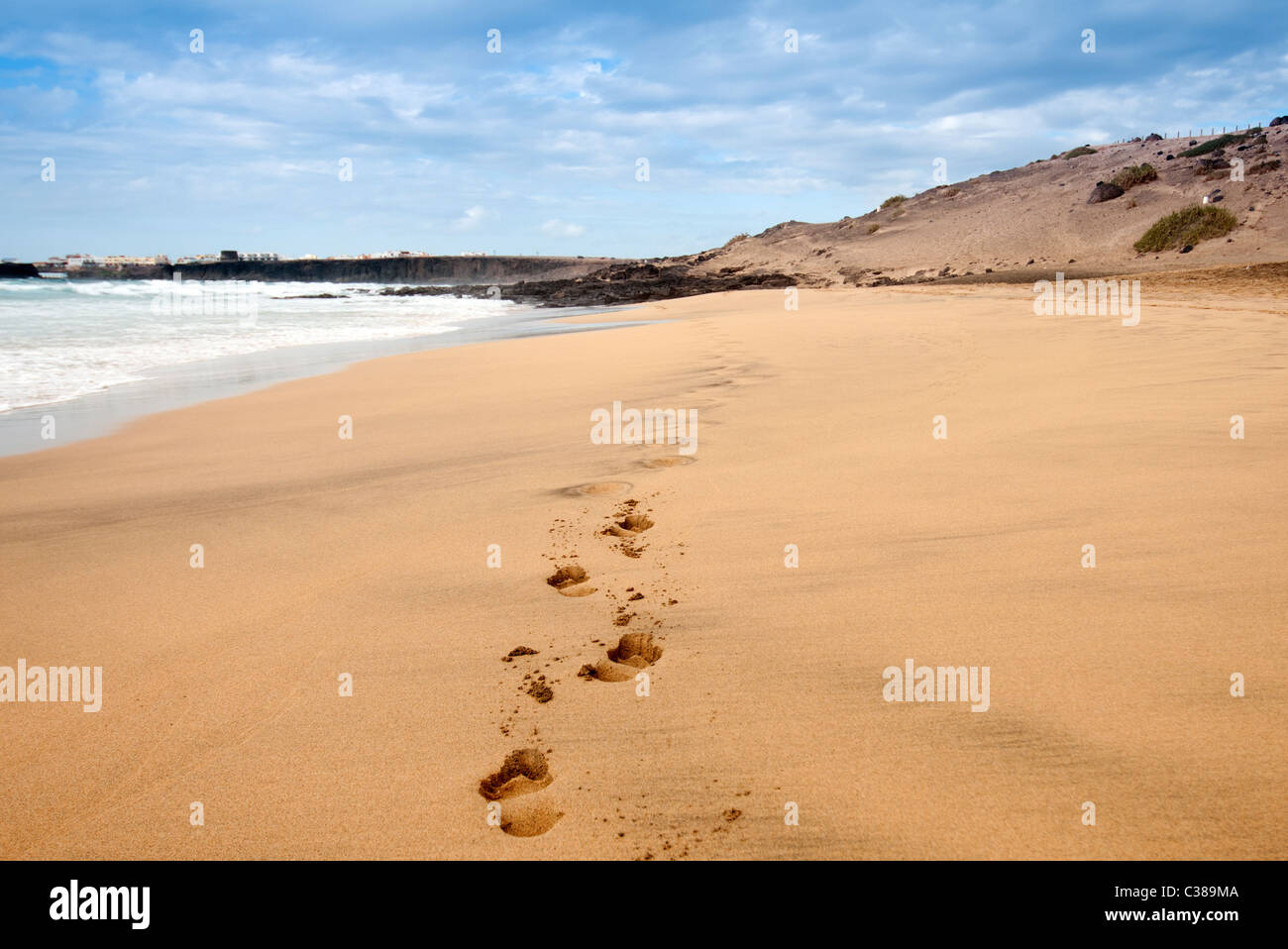 foot prints in the sand El Cotillo Fuerteventura Canary Islands Stock Photo
