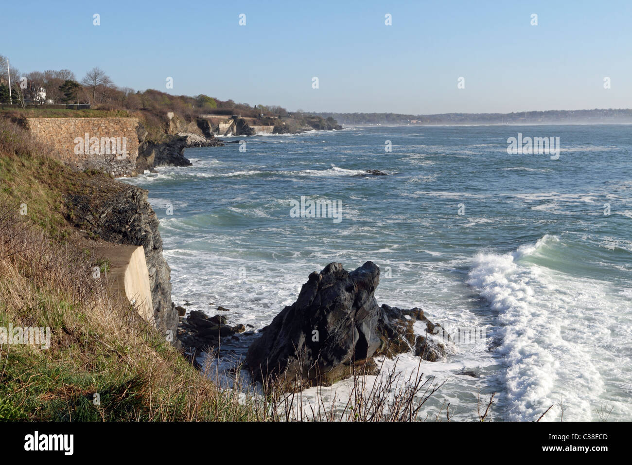 The Cliff Walk in Newport, Rhode Island, USA, affords a three and one-half mile walk at the edge of seaside bluffs. Stock Photo