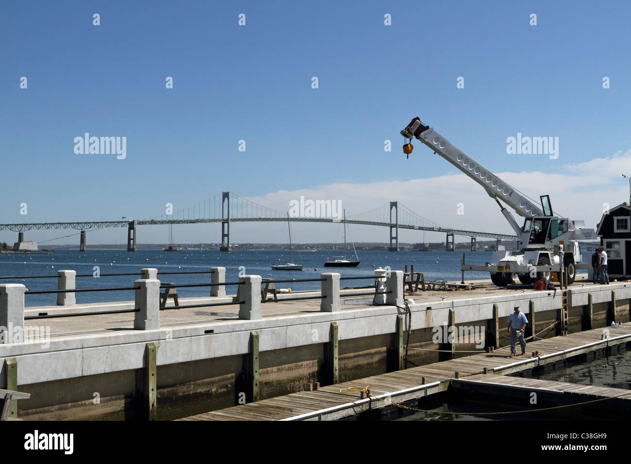 Repair work being conducted on the Jamestown waterfront pier. Jamestown