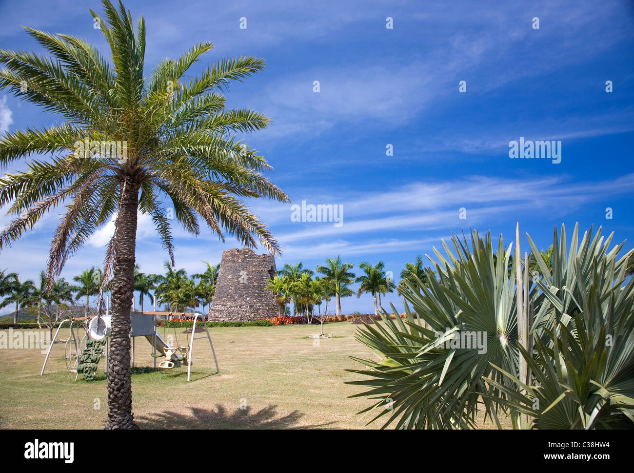 Fort Bay area - park with old Mill ruins in Antigua Stock Photo