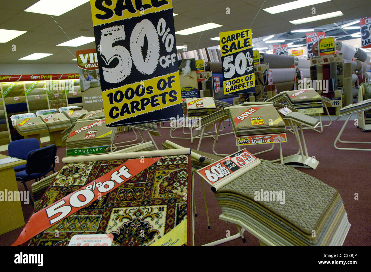 A Carpet Right store with 50% off merchandising displayed. Stock Photo