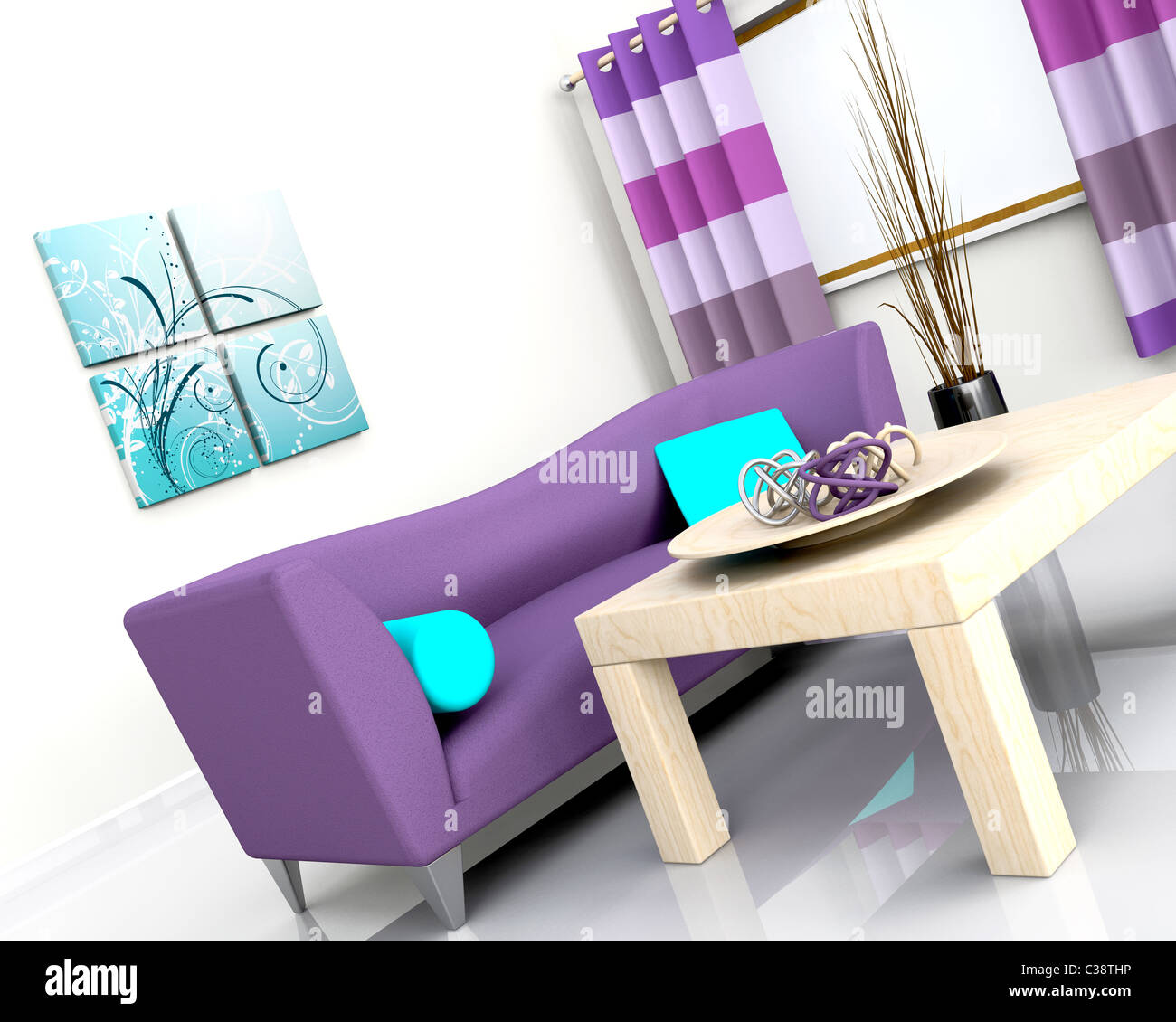 3D render of a contemporary interior and sofa Stock Photo