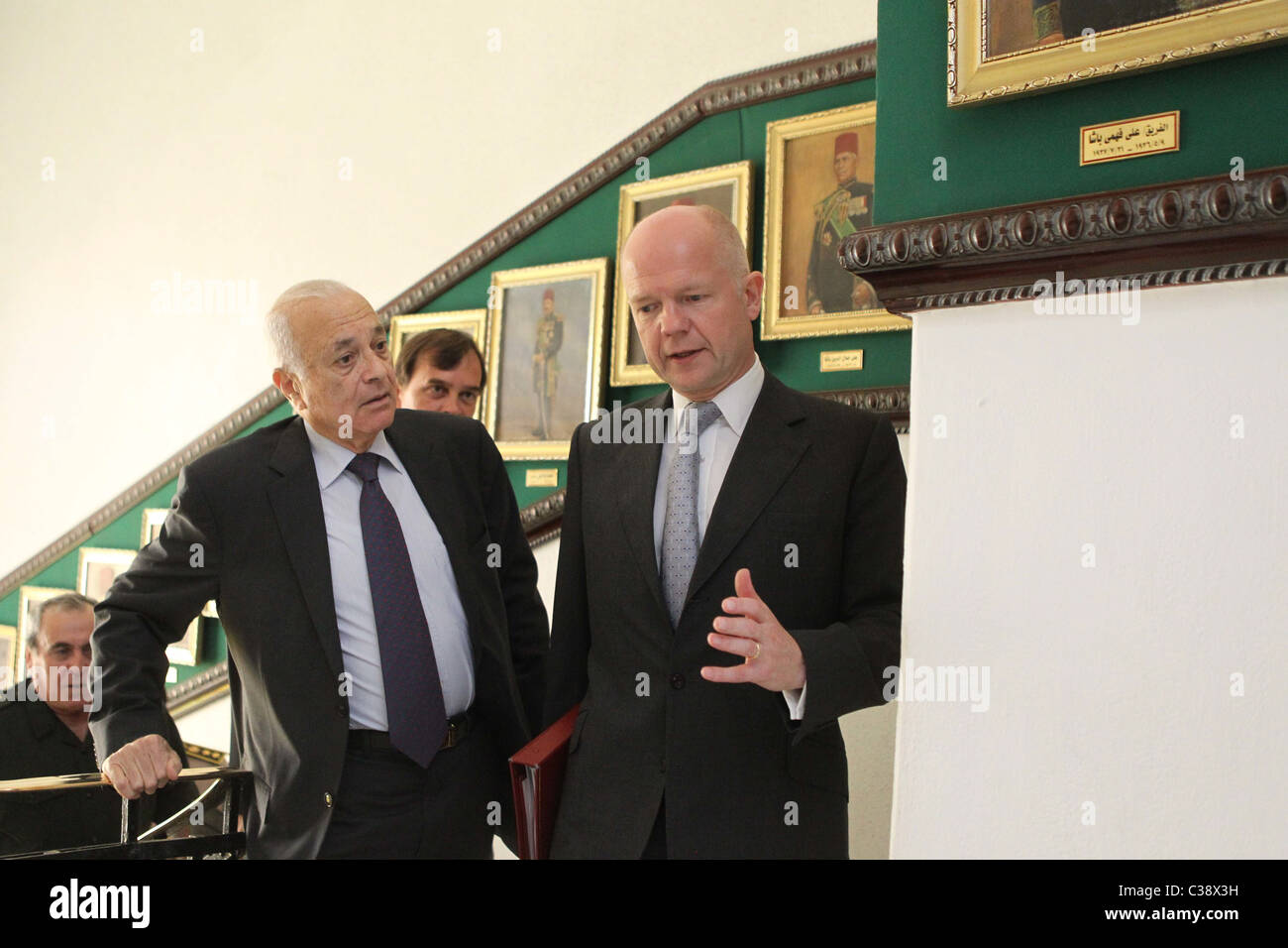 Egyptian Foreign Minister Nabil El Araby meets British Foreign Secretary William Hague before their meeting with Hussein Tantawi Stock Photo