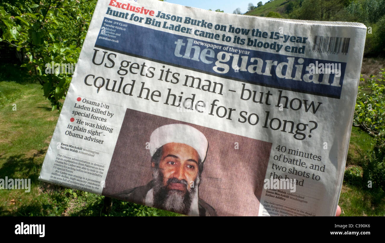 Guardian newspaper news paper front page 3 May 2011 terrorist Osama bin Laden killed the previous day 'US gets its man - but how could he hide for so long?'  London UK Stock Photo